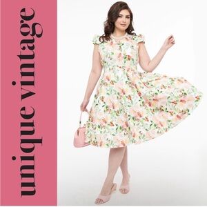 Unique Vintage Floral Cotton Larissa Swing Dress - Pink and Green   Brand New